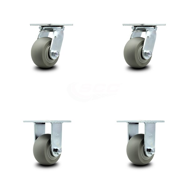 4 Inch Thermoplastic Rubber Caster Set with Ball Bearings 2 Swivel 2 Rigid SCC